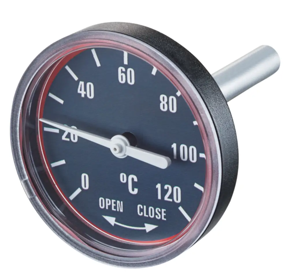 Rundes Thermometer mit einem Temperaturbereich von 0 °C bis 120 °C, schwarzem Ziffernblatt und einer weißen Zeigeranzeige, geeignet für Oventrop Regusol Stationen.
